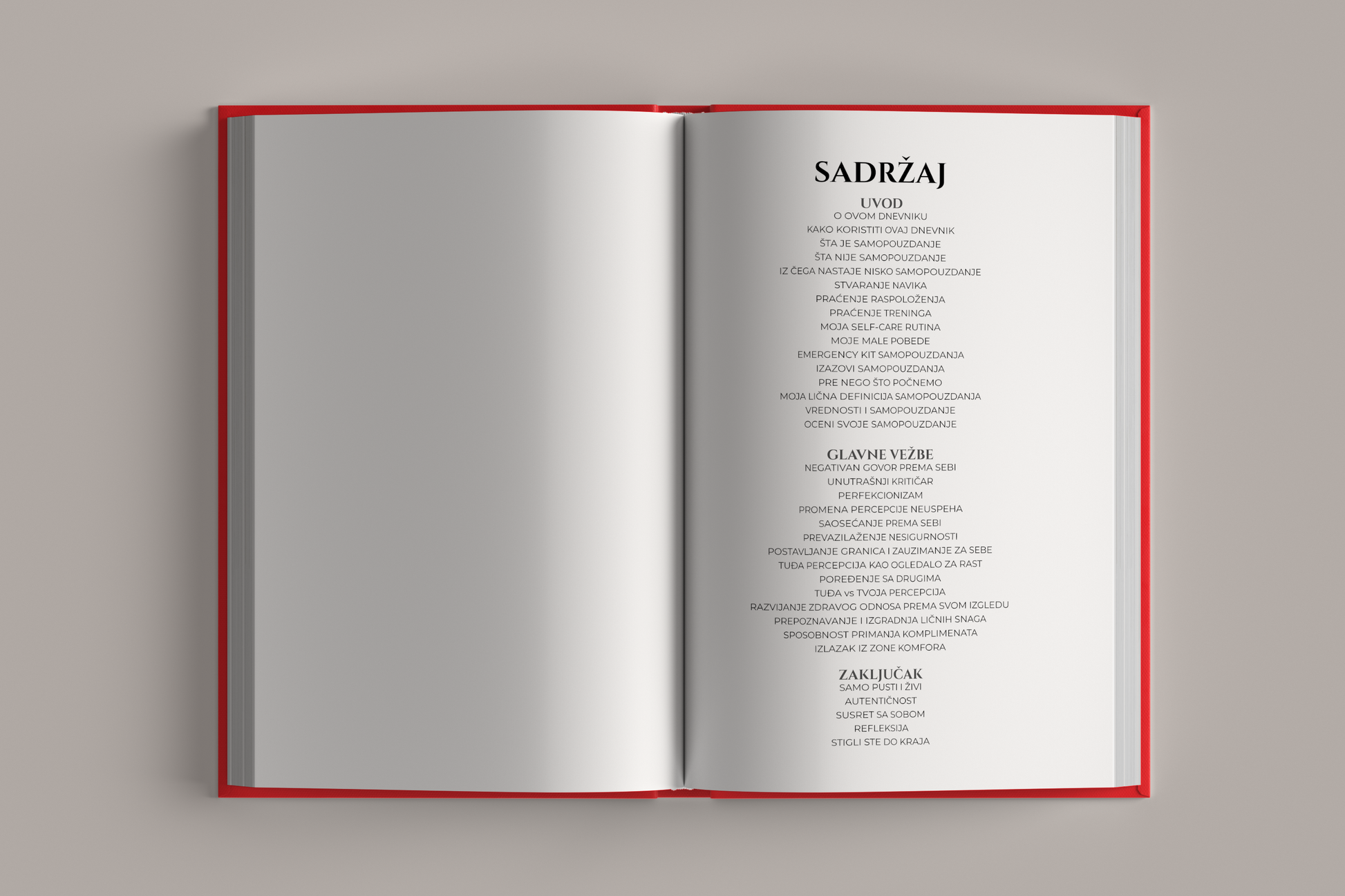 Strana sa sadržajem dnevnika – Dnevnik Samopouzdanja